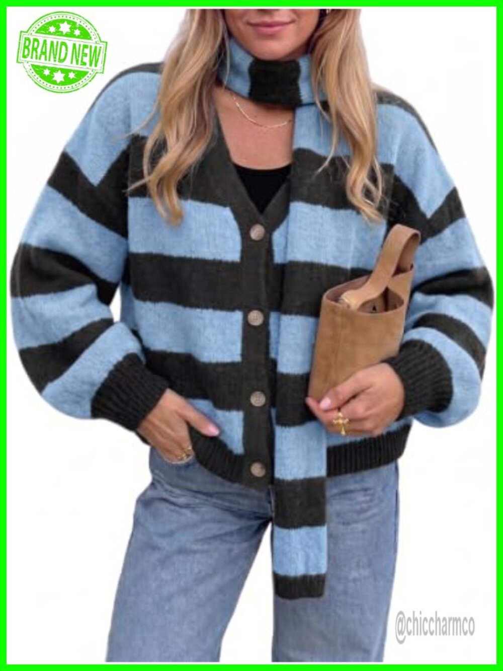 Oversized Striped Cardigan with Scarf Button Down Lantern Sleeve